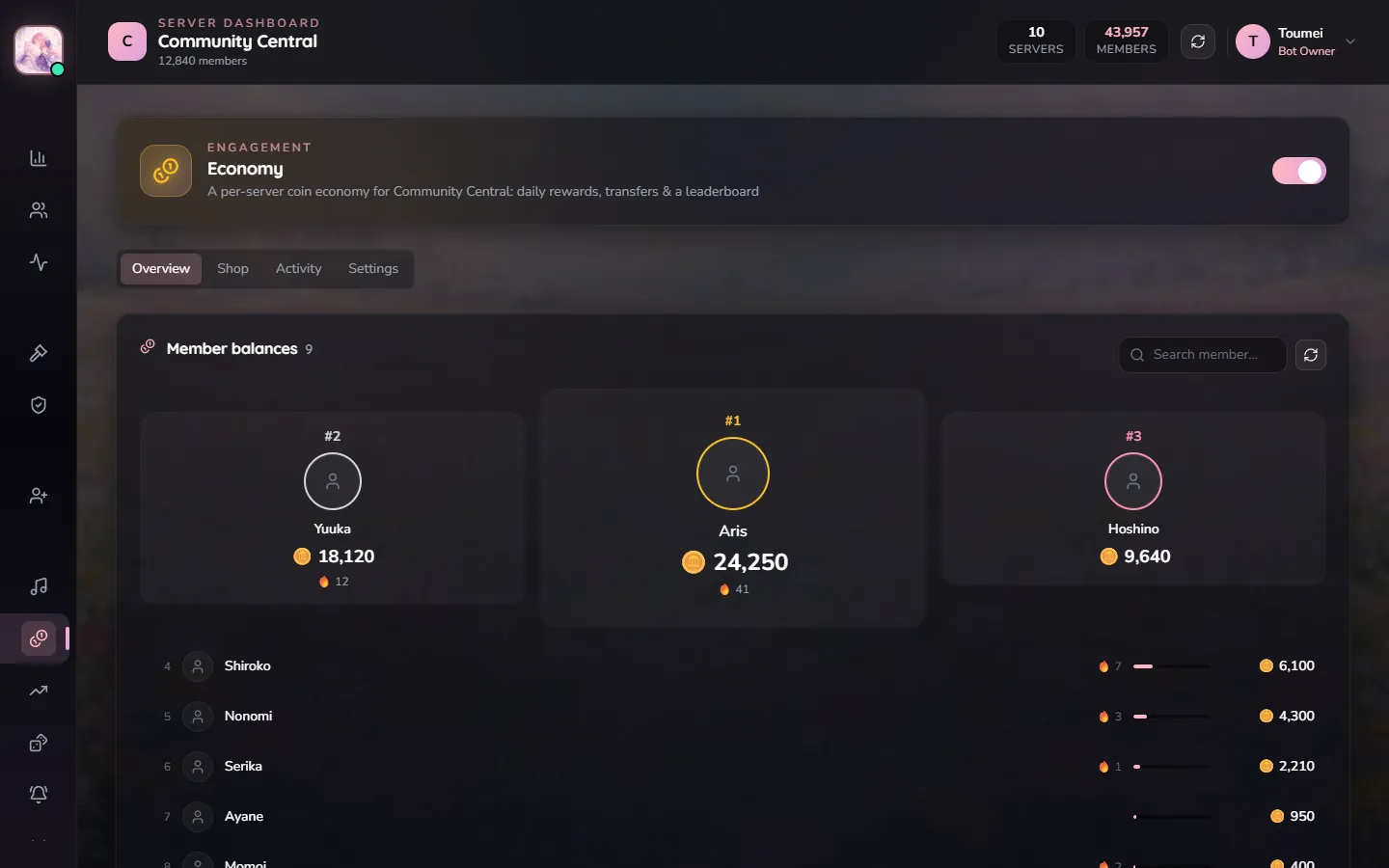 Mikarin dashboard, economy page, with demo data.