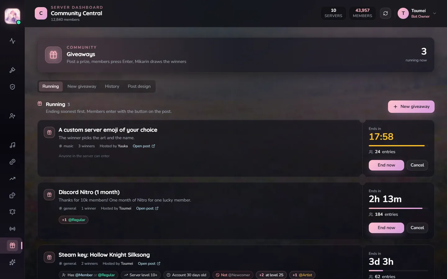 Mikarin dashboard, giveaways page, with demo data.