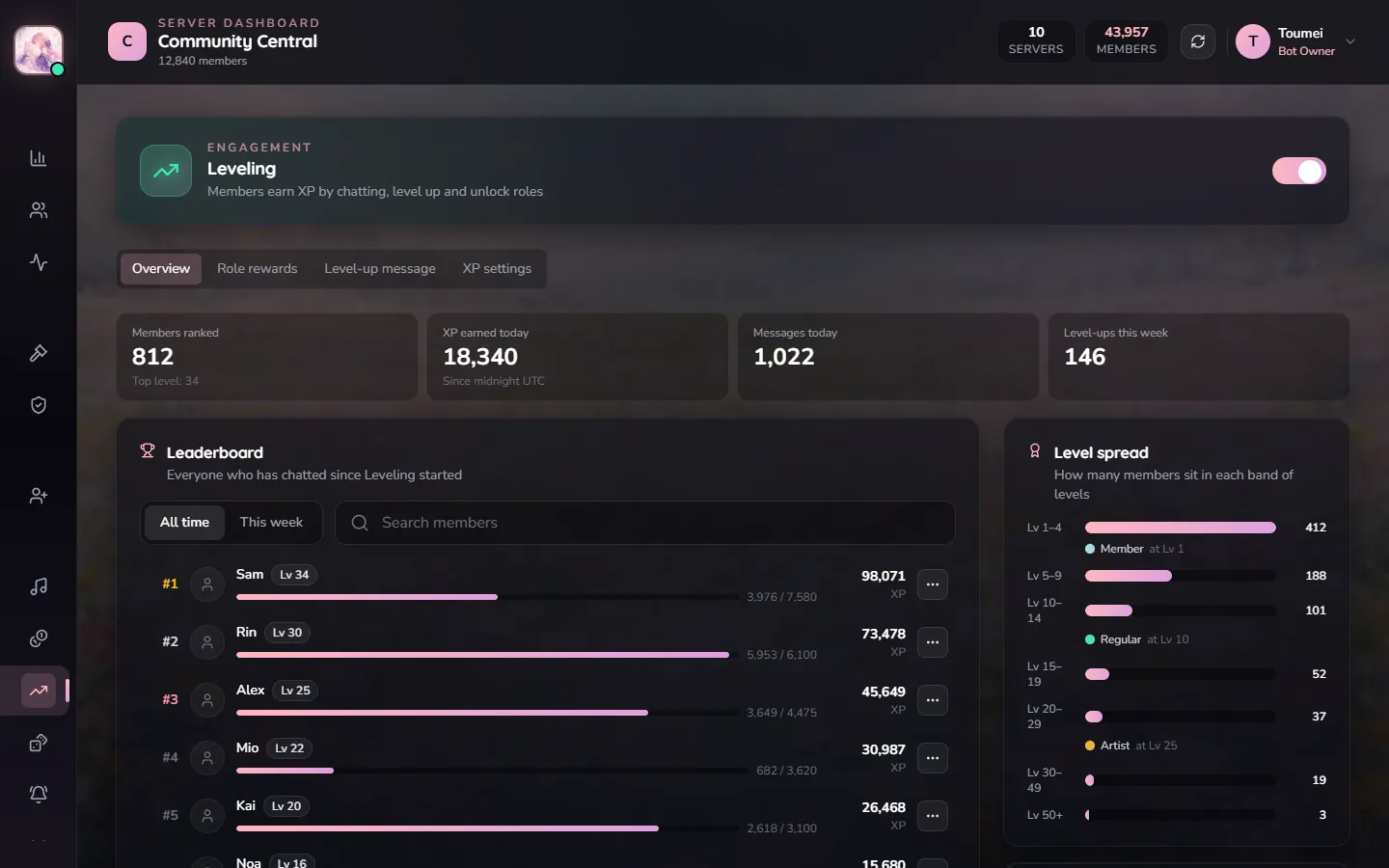 Mikarin dashboard, leveling page, with demo data.