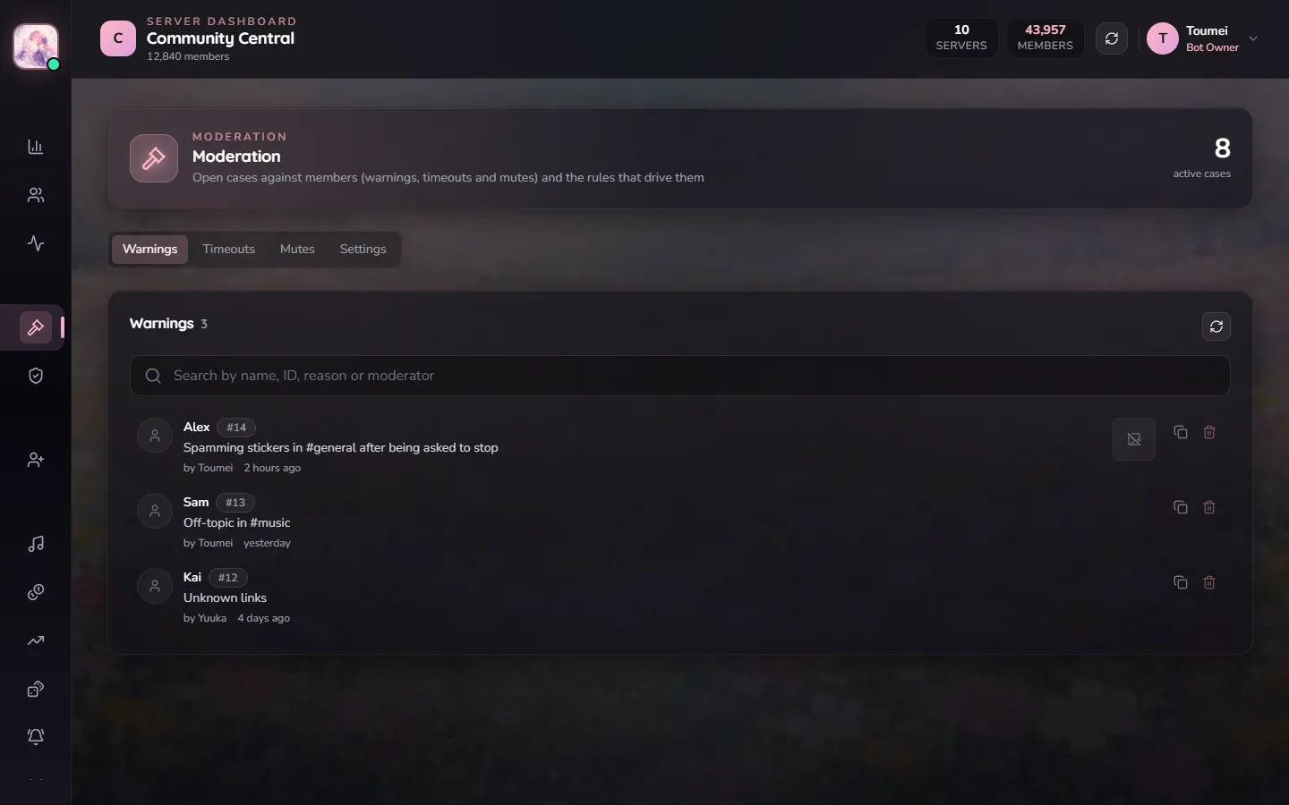 Mikarin dashboard, moderation page, with demo data.
