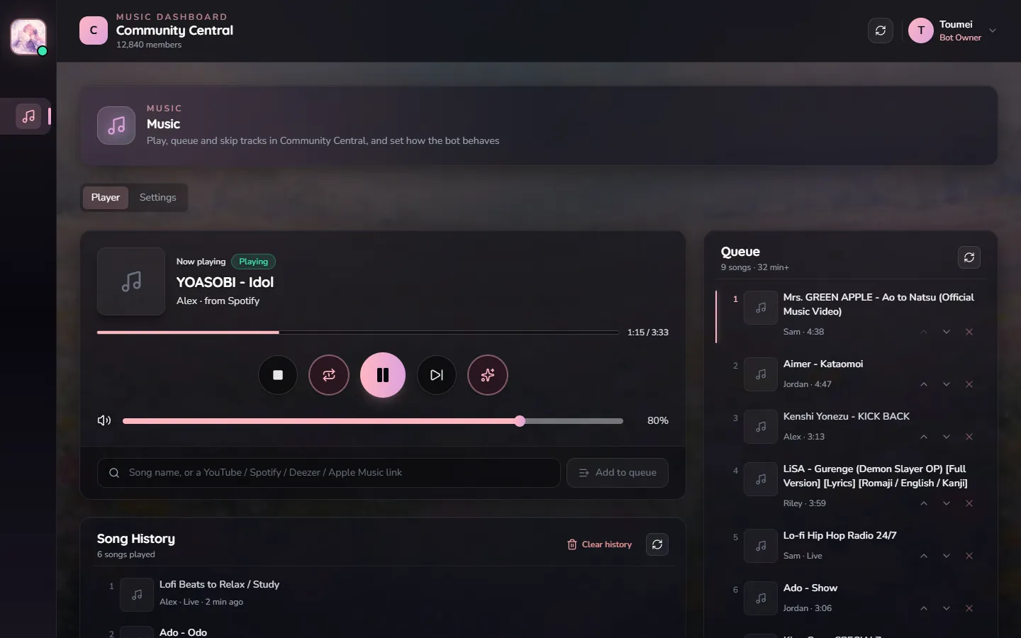 Mikarin dashboard, music player page, with demo data.