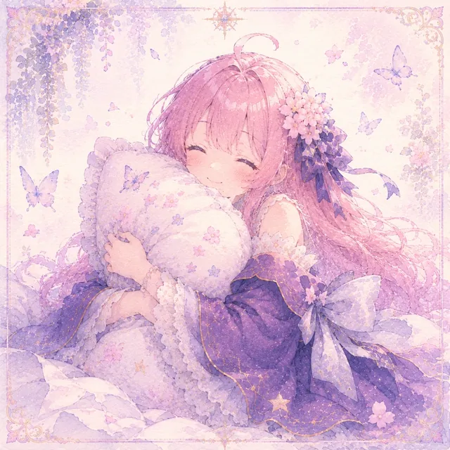 Mikarin, the bot's mascot: a pink-haired girl with flowers and a violet bow in her hair.