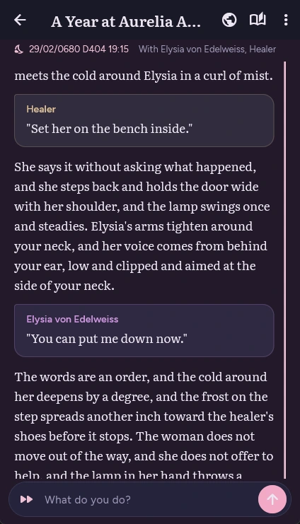 Narrata chat screen: narration at a chapel door, with speech boxes from a healer and Elysia von Edelweiss, and the reply box below.