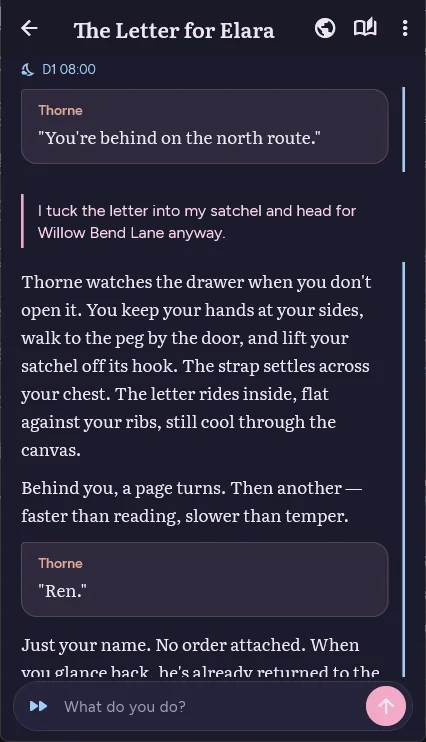 Narrata chat screen: narration about a courier named Ren, a speech box from the guildmaster Thorne, and the player's typed action in pink.
